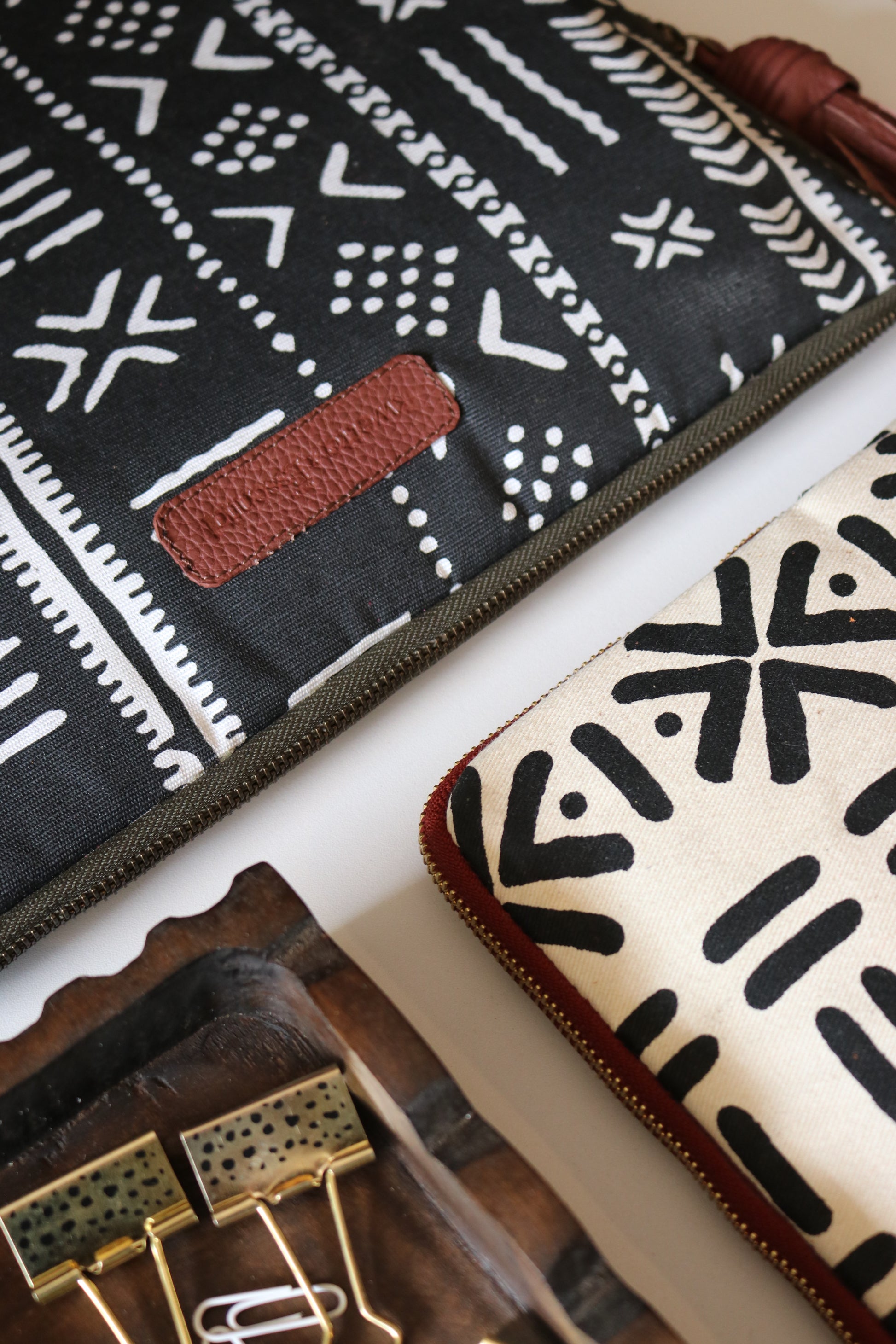 Black mudcloth print laptop sleeve for 13 to 14 inch laptop, front view