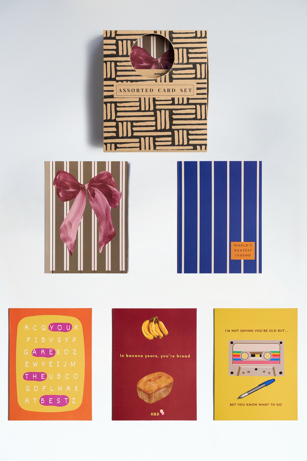 Assorted card set with unique illustrations and funny captions, perfect for birthdays and thank you notes.
