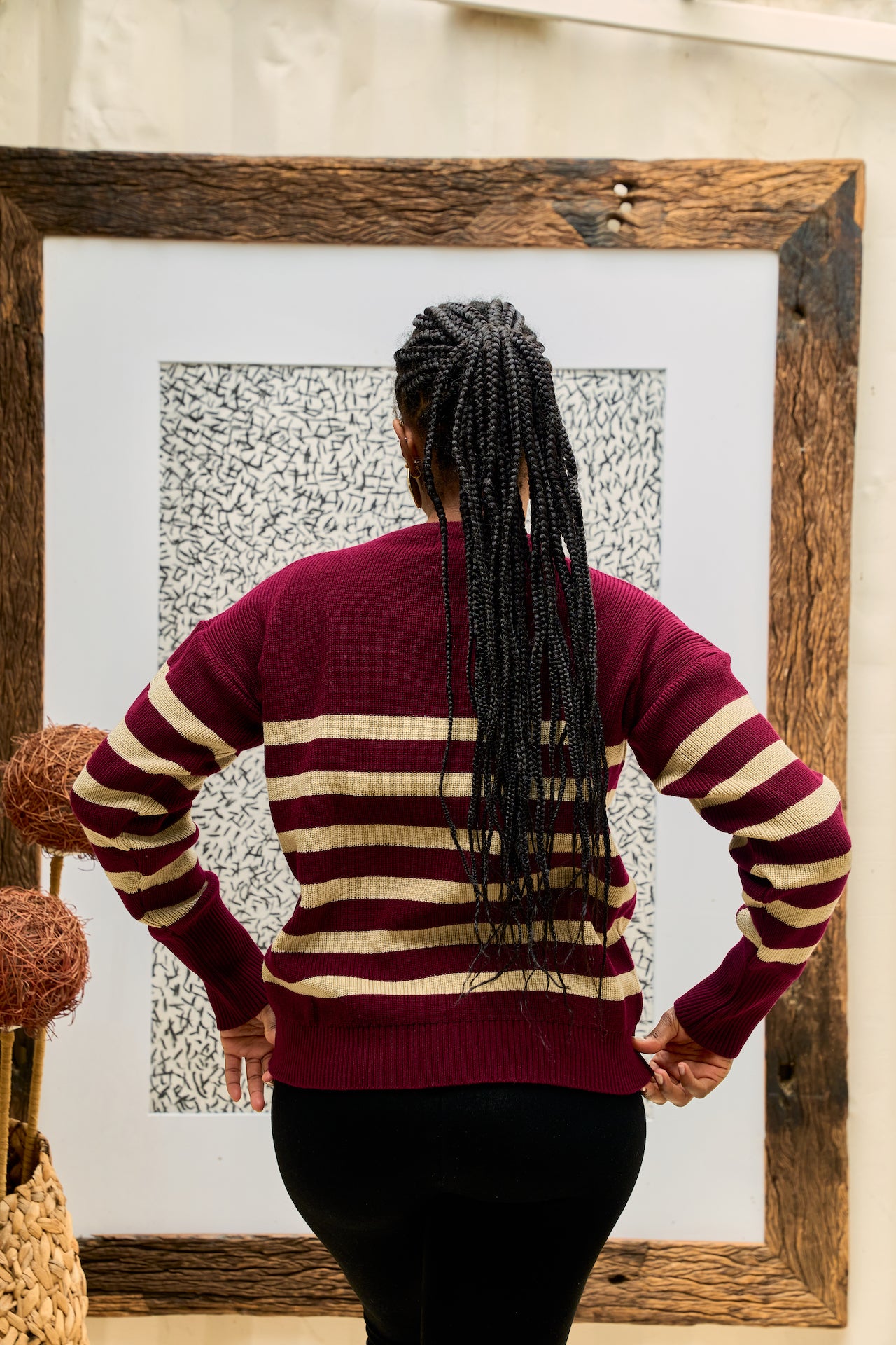 Burgundy striped knit sweater back view