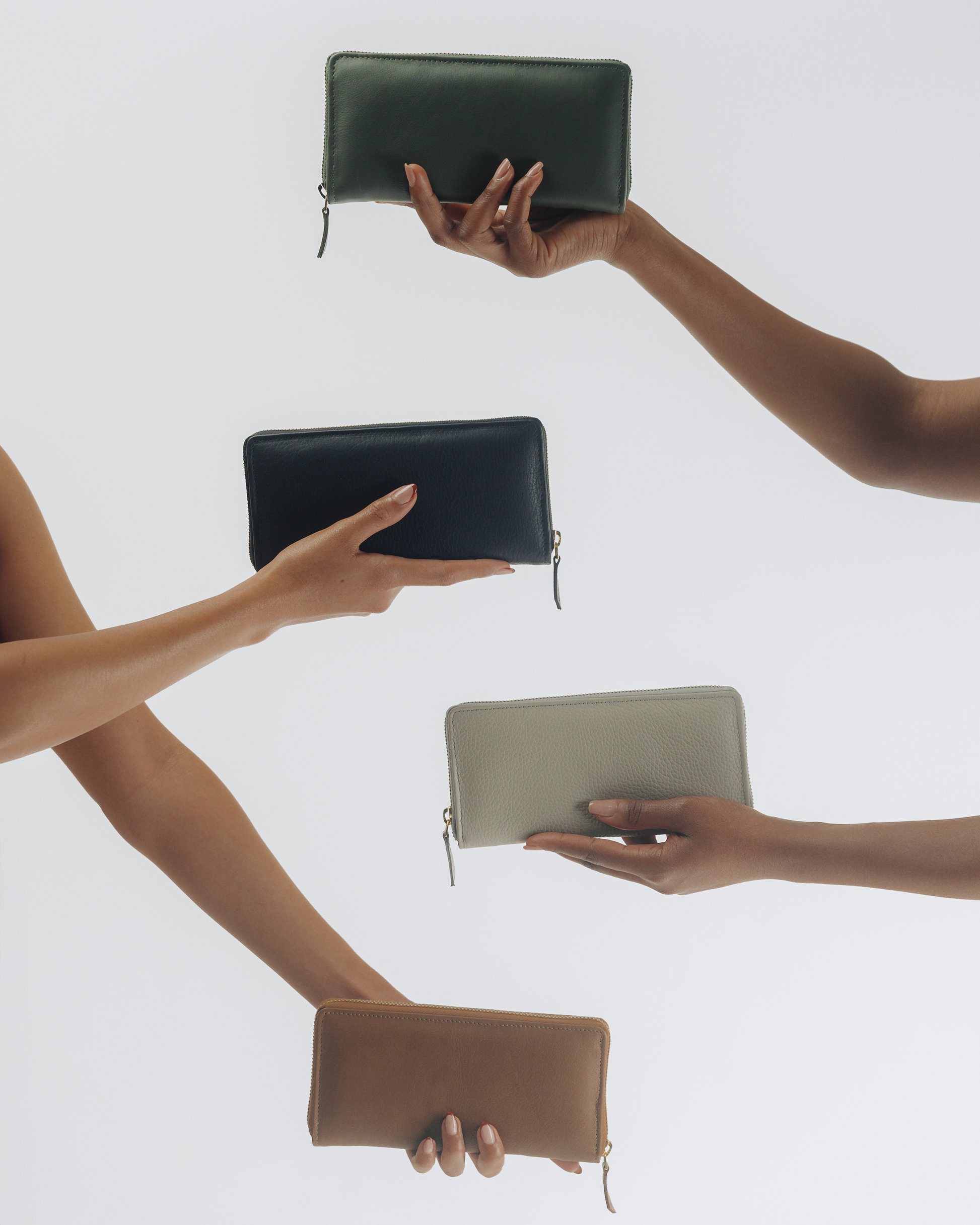 Essential zip wallets in Grey,Black,Green and brown