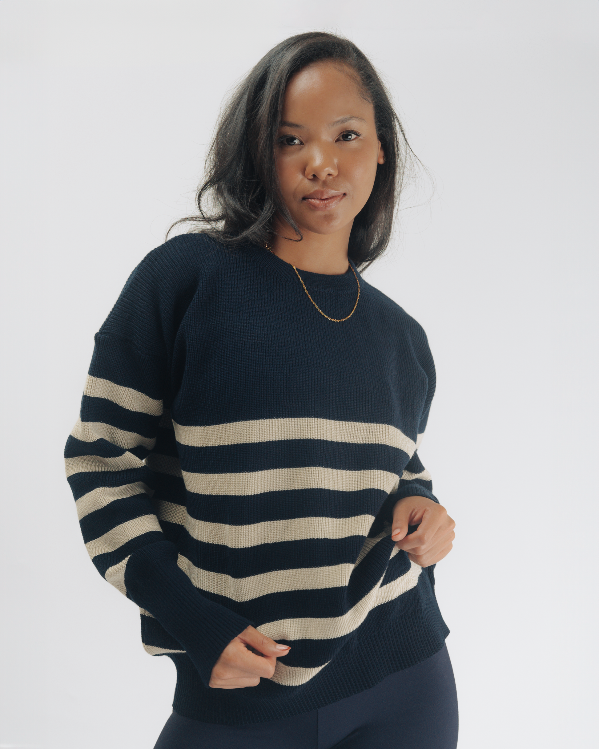 Navy and Taupe oversized striped front view