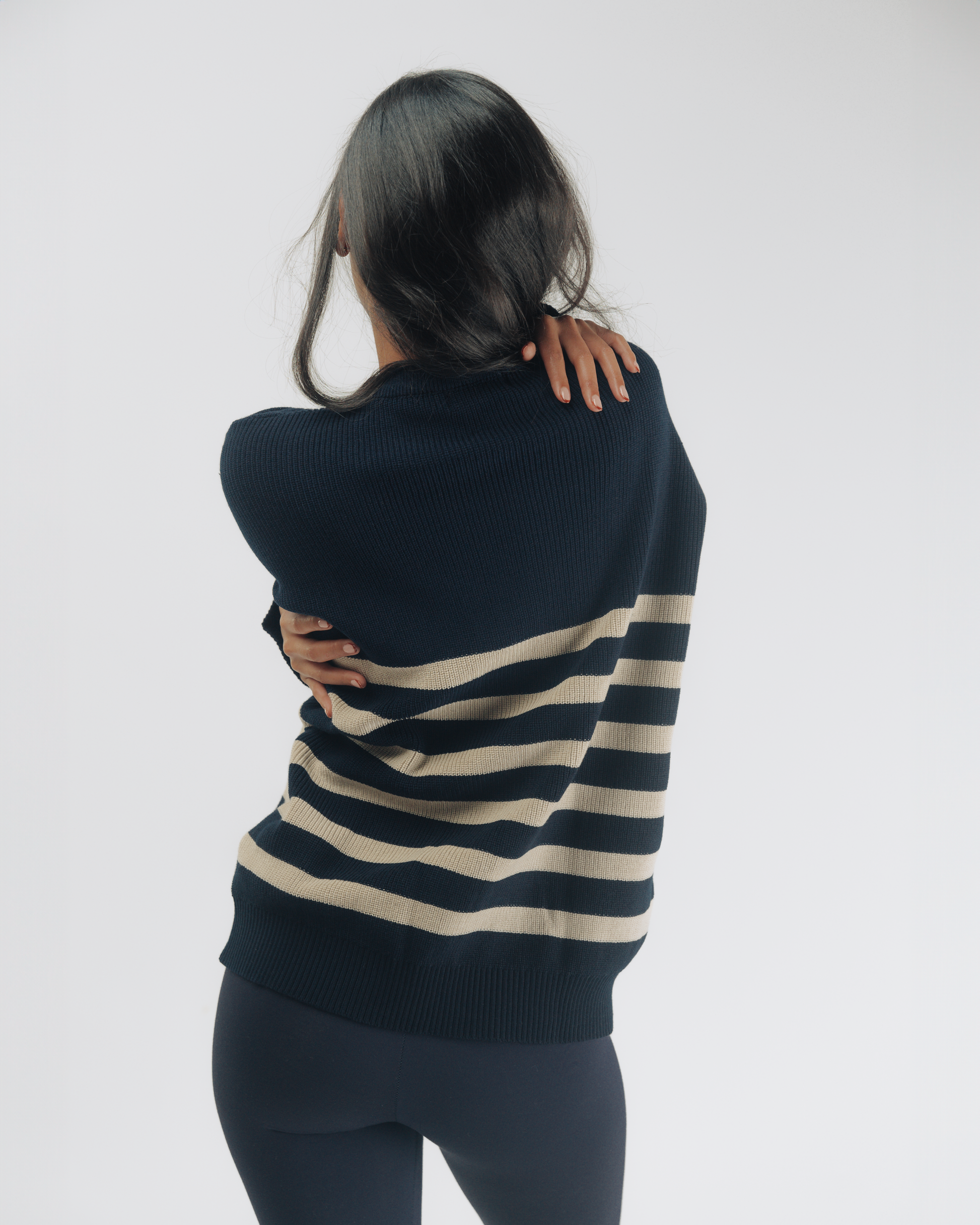 Navy and Taupe Oversized Knit Striped sweater back detail