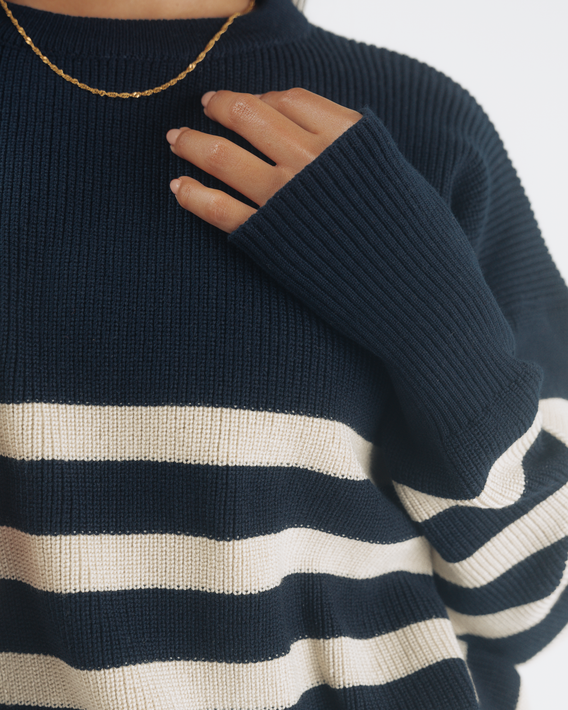 Navy  knit sweater Striped knit sweater ribbed cuff detail