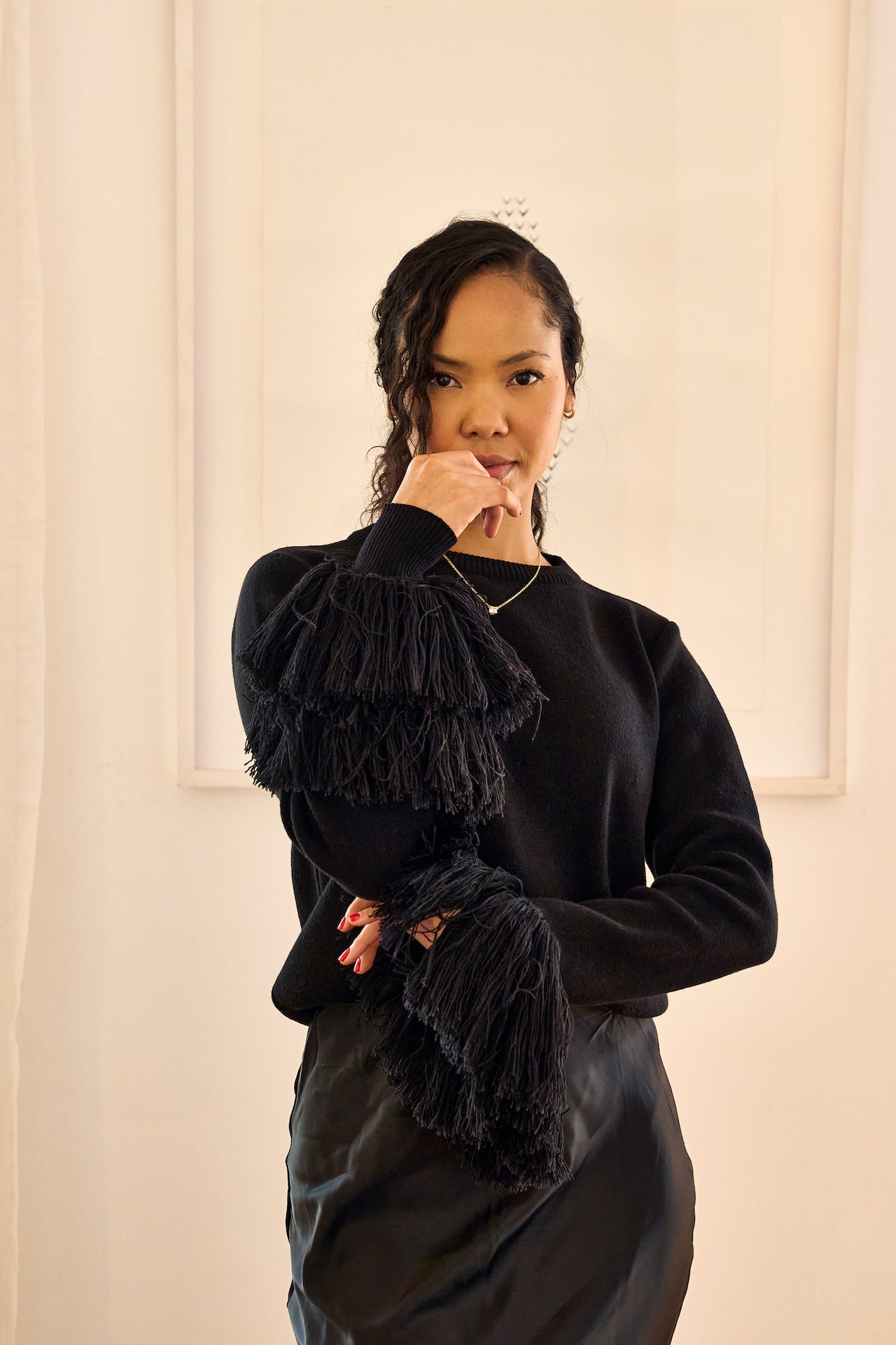 Nia fringe sweater worn on model