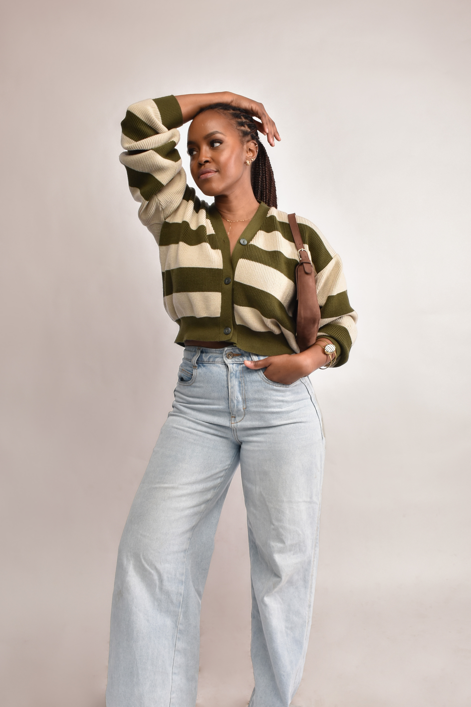 Model wearing Rida cropped cardigan with wide-leg jeans, casual everyday look