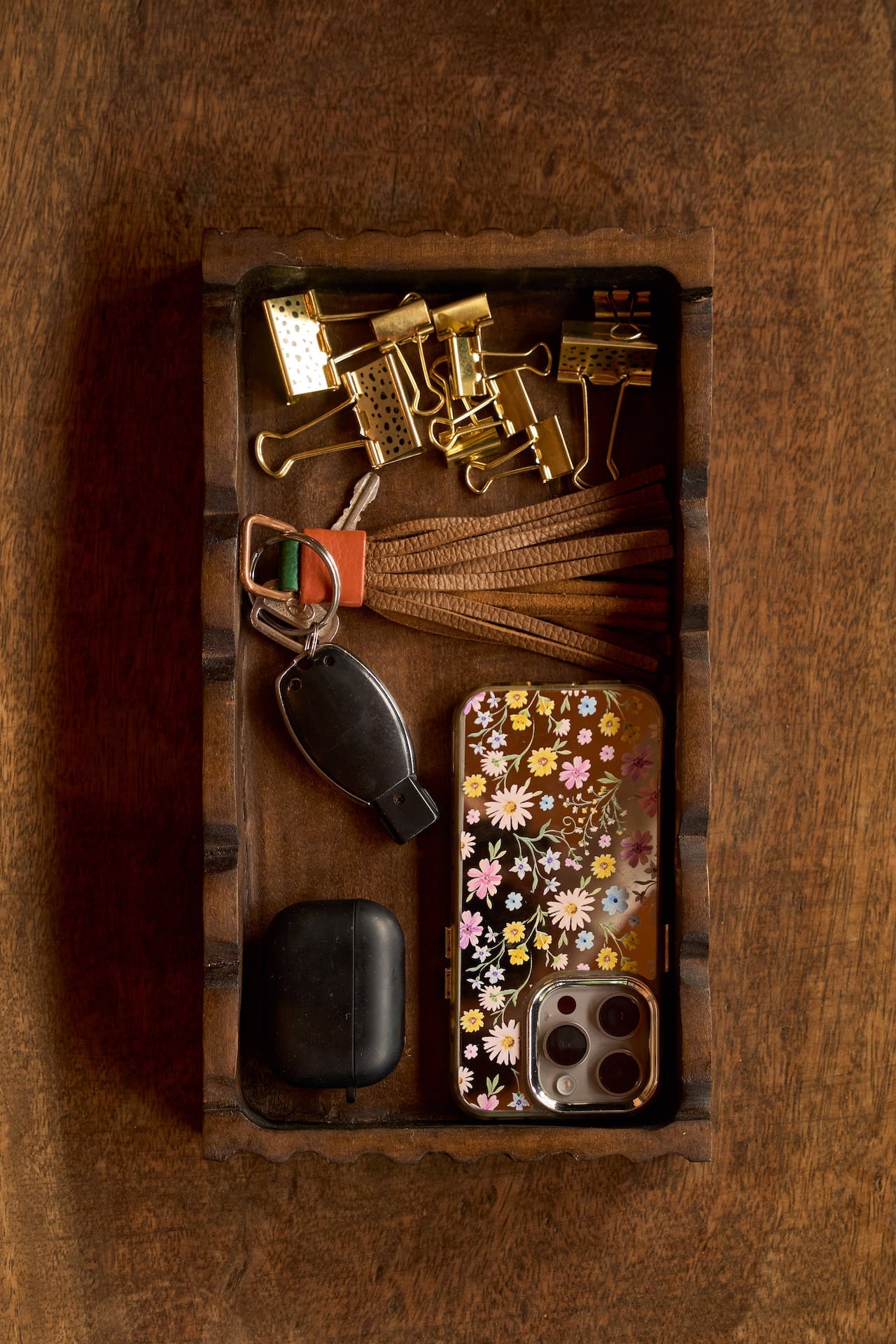 Shela scalloped wood tray made from Jacaranda, top view