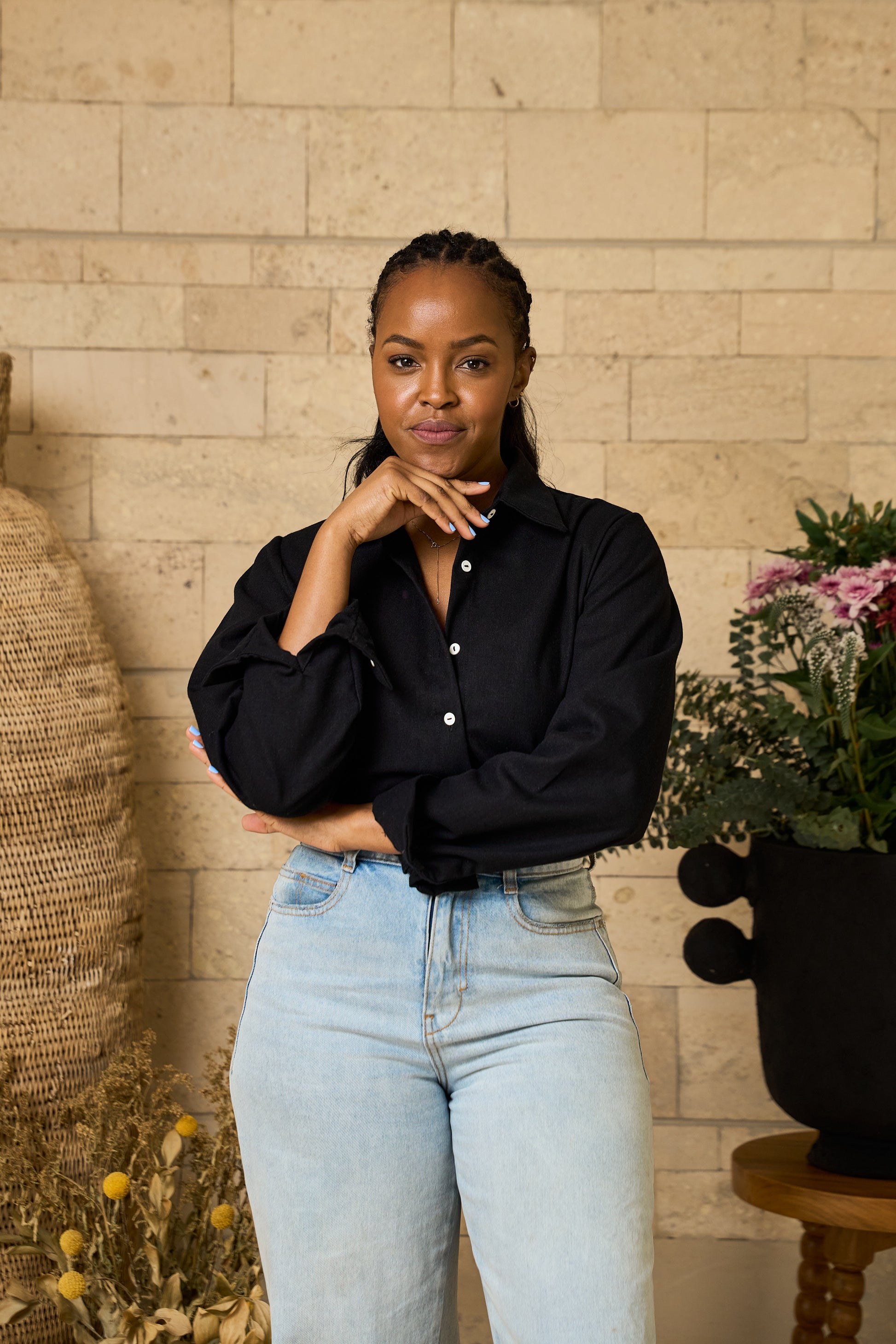 Black Vasha linen blend shirt button detail