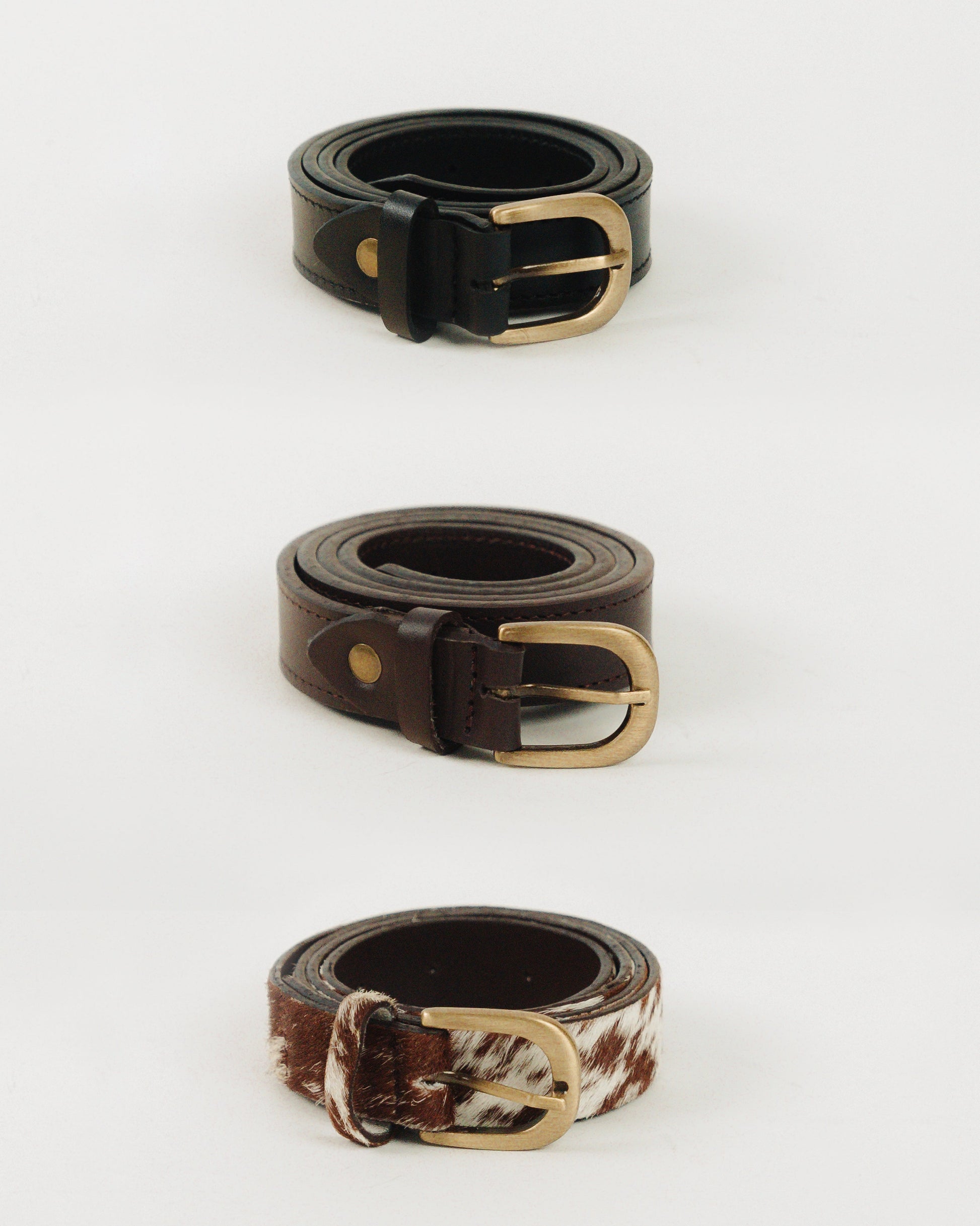 Black, brown and hair on hide Cowhide belt gold buckle detail