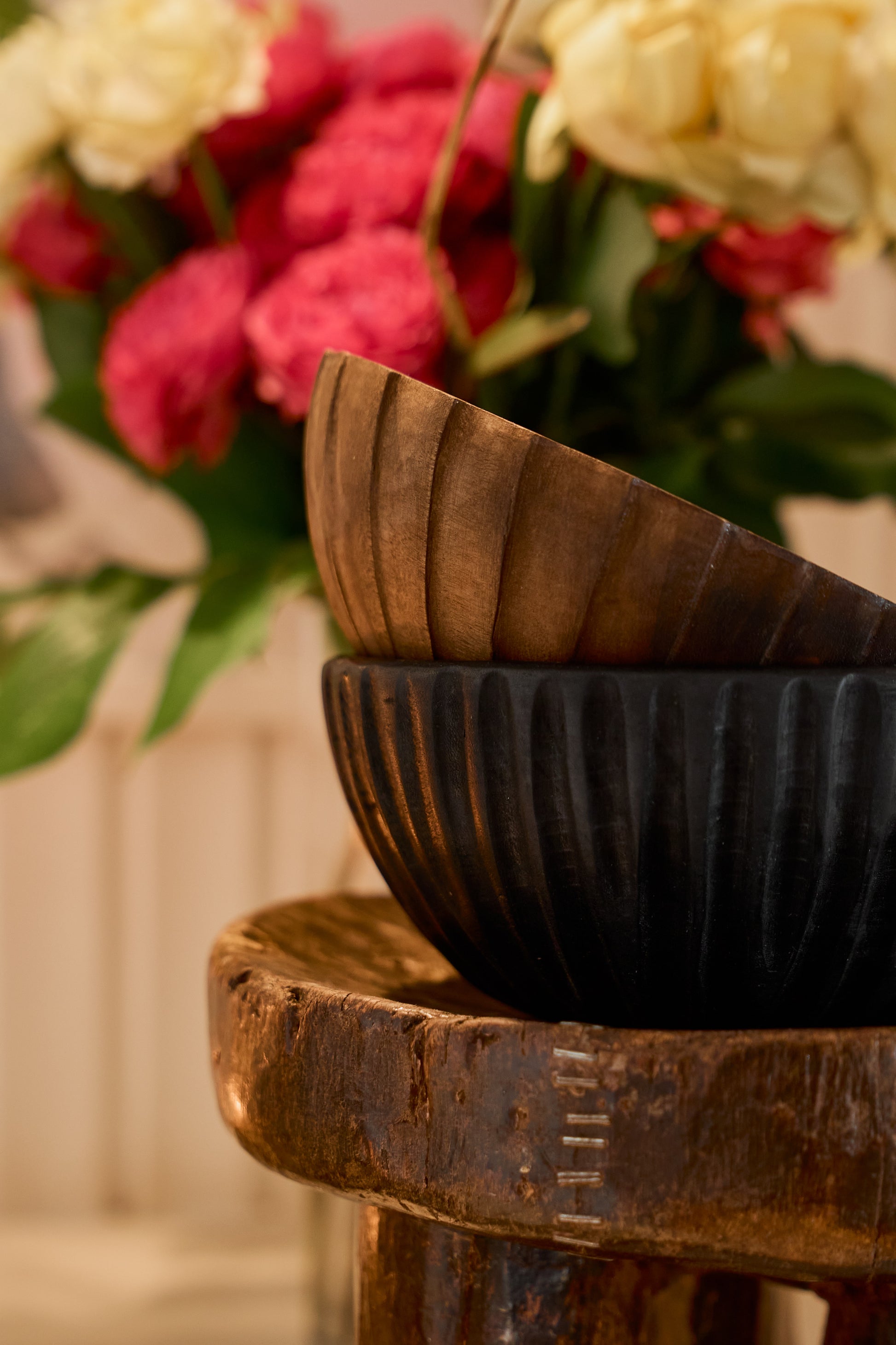 Stack of decorative wooden bowls 