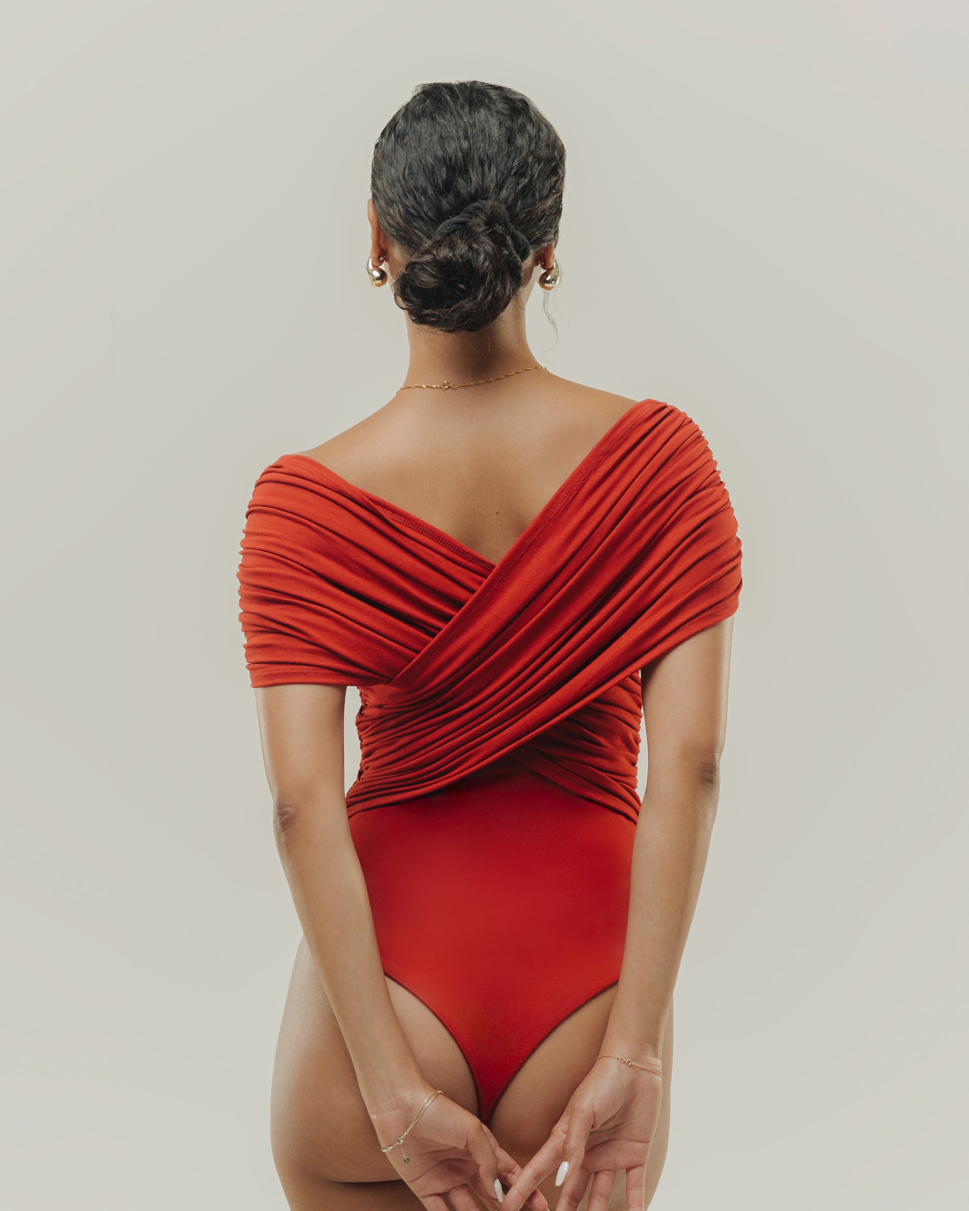 Ruched red bodysuit back view