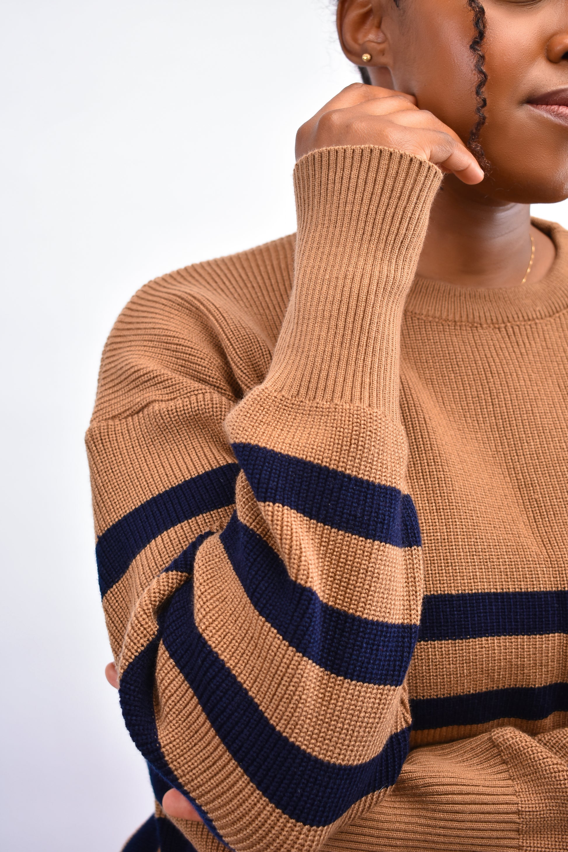 Toffee and Navy knit sweater ribbed cuff detail