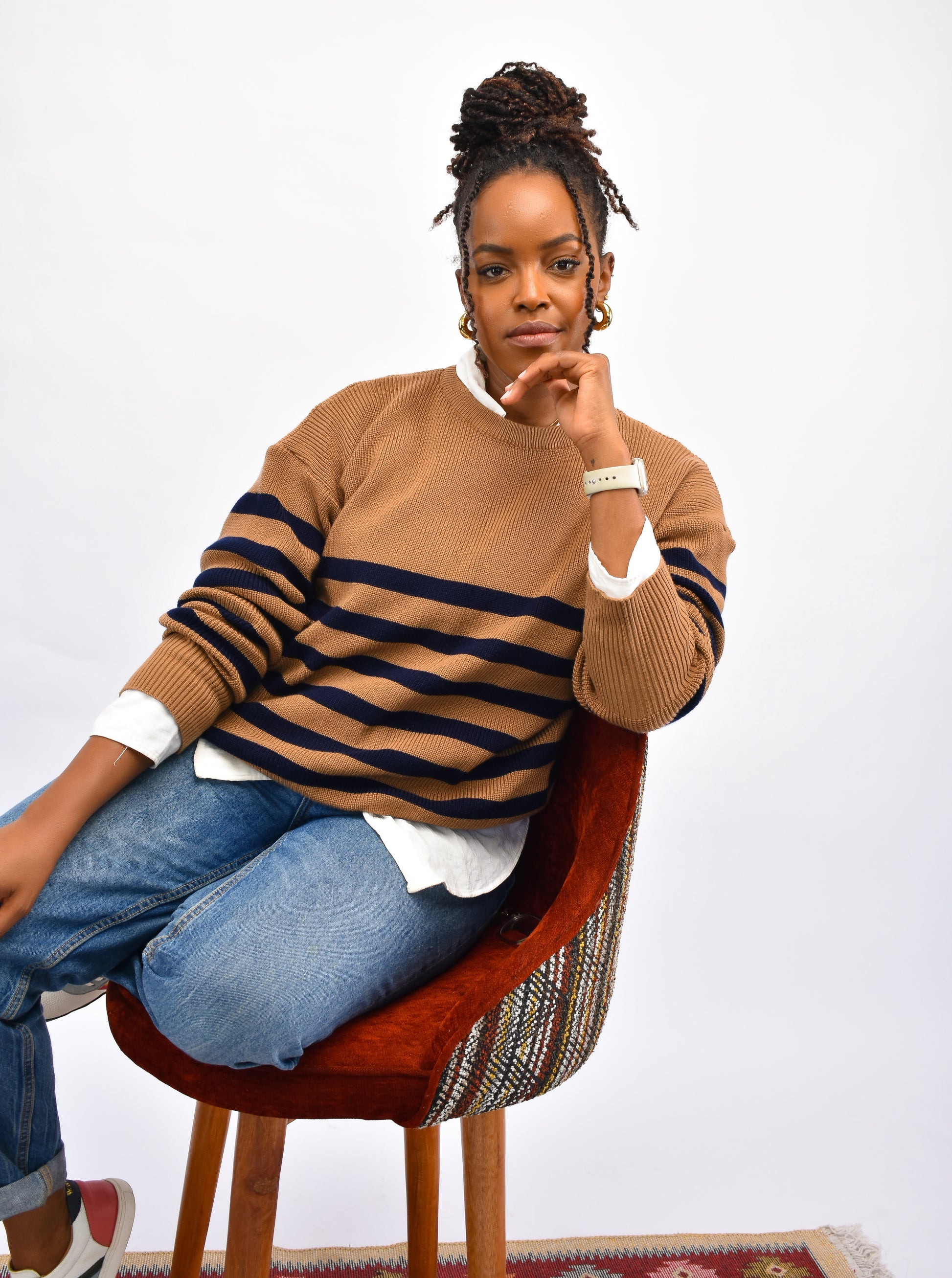 Toffee-Navy oversized-striped-sweater styled with official wear
