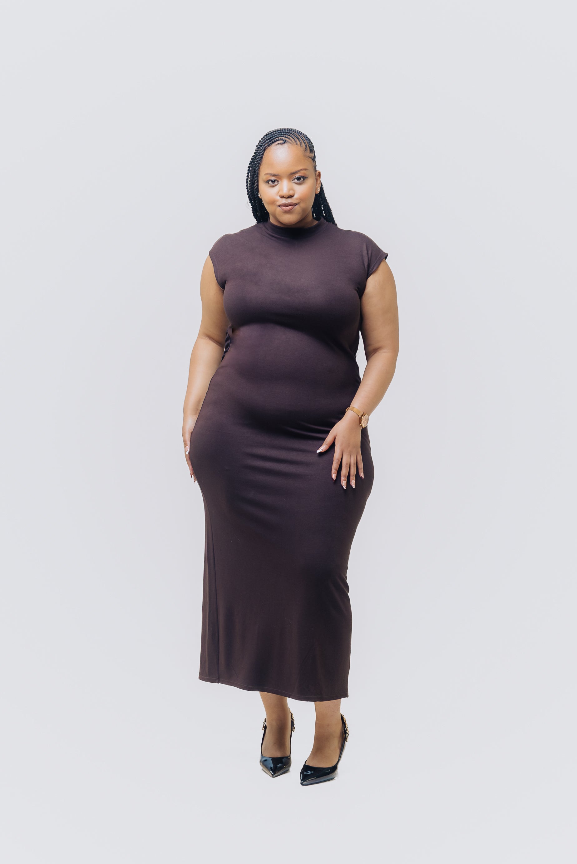 Chocolate maxi dress front detail
