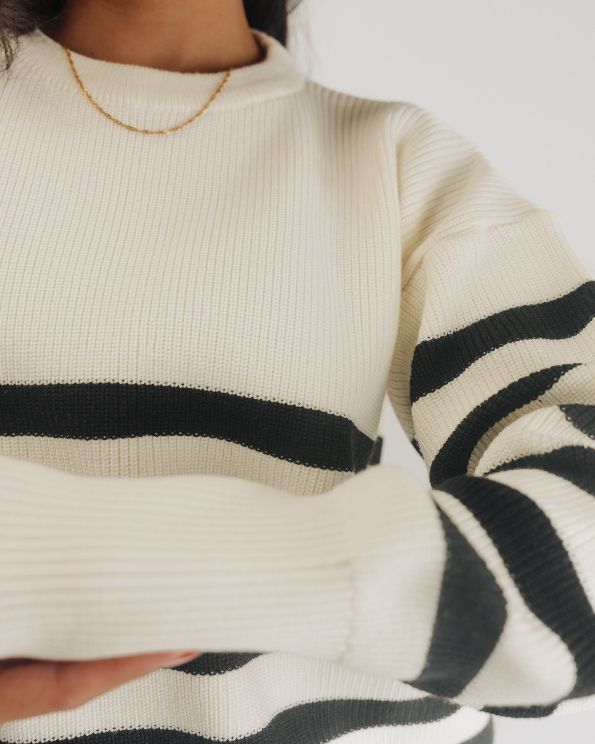  Cream and Black Striped knit sweater ribbed cuff detail