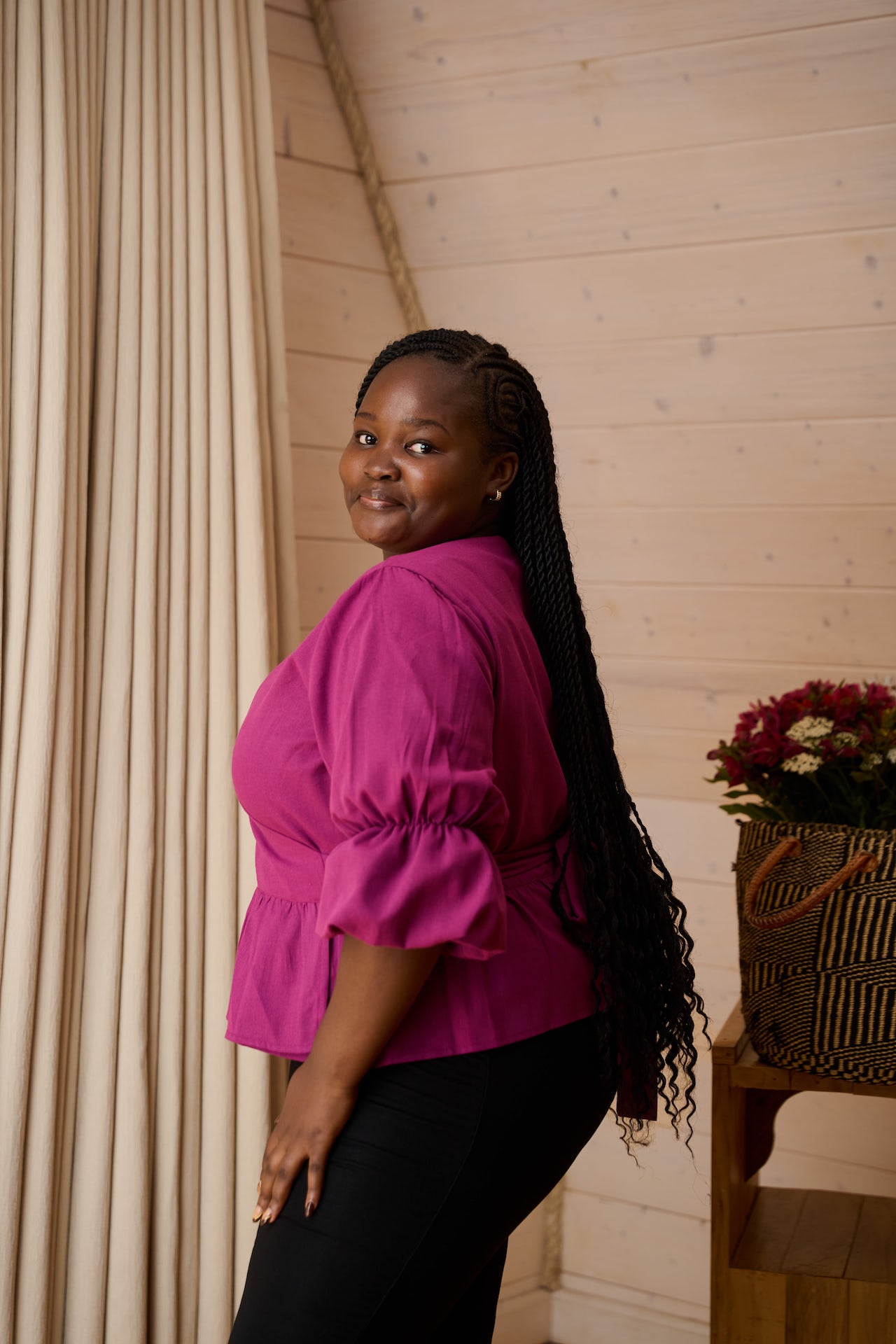 Yana Linen Blend Wrap Top in magenta  detail of three-quarter puff sleeve