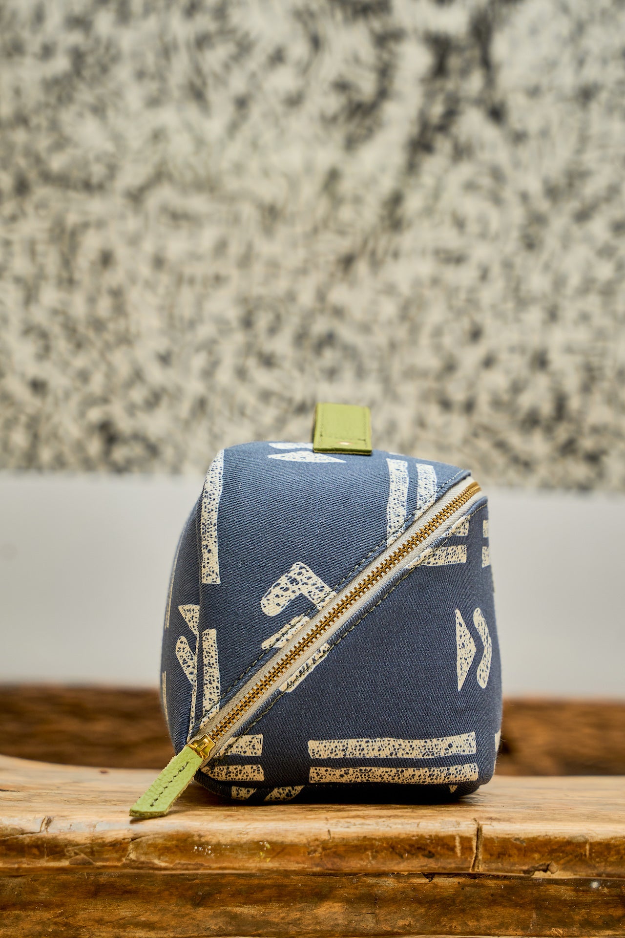 Blue toiletry bag zipper pull detail
